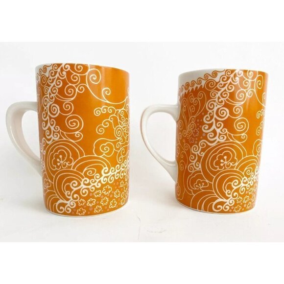 2 Starbucks Coffee 2005 Mugs Orange Henna Swirl Floral Cups Collectible set - Picture 1 of 8